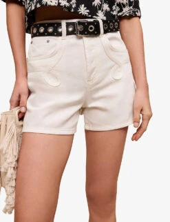 Maje Swirl-patch High-rise Denim Shorts -Reisi Clothing Shop R04109081 BLANC ALT04