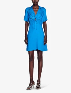 Sandro Open-front Woven Mini Dress -Reisi Clothing Shop R04111190 BLEUS ALT02