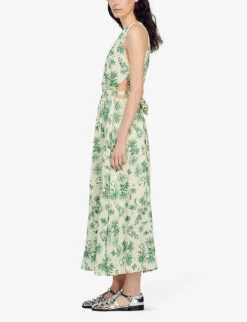 Sandro Annecy Floral-print Linen-blend Midi Dress -Reisi Clothing Shop R04111300 VERTS ALT02