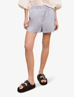 Maje Striped Elasticated-waist Stretch Cotton-blend Shorts -Reisi Clothing Shop R04121176 BLEUS ALT02
