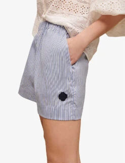 Maje Striped Elasticated-waist Stretch Cotton-blend Shorts -Reisi Clothing Shop R04121176 BLEUS ALT04
