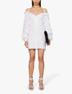 Exposed-shoulder Dipped-hem Cotton Mini Dress 8 Exposed-shoulder Dipped-hem Cotton Mini Dress -Reisi Clothing Shop R04123519 WHITE ALT01