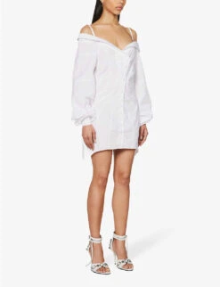 Exposed-shoulder Dipped-hem Cotton Mini Dress 9 Exposed-shoulder Dipped-hem Cotton Mini Dress -Reisi Clothing Shop R04123519 WHITE ALT02