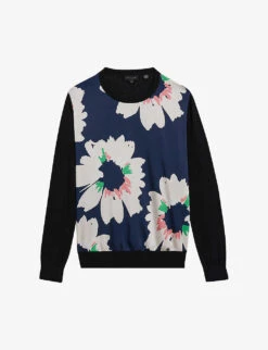 Ted Baker Marola Floral-print Panelled Satin And Knitted Jumper