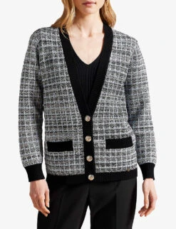 Ted Baker Carmein Checked V-neck Knitted Cardigan -Reisi Clothing Shop R04125145 IVORY ALT02