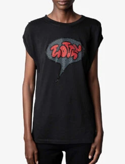 Zadig & Voltaire Adele Crystal-embellished-logo Cotton-blend T-shirt -Reisi Clothing Shop R04126796 NOIR ALT02