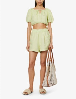 Emilia Frilled-trim Organic-linen Shorts -Reisi Clothing Shop R04128925 NEONLIME ALT01