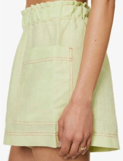 Emilia Frilled-trim Organic-linen Shorts -Reisi Clothing Shop R04128925 NEONLIME ALT04