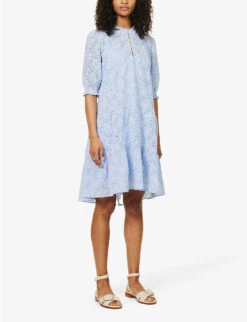 ME AND EM Broderie-anglaise Chambray Cotton Midi Dress -Reisi Clothing Shop R04129194 PALEBLUEWHITE ALT02