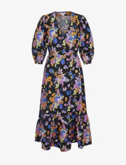 Halcyon Floral-print Wrap Organic-cotton Midi Dress
