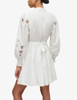 AllSaints Keely Broderie Inverted-pleat Woven Mini Dress -Reisi Clothing Shop R04134804 CHALKWHITE ALT03