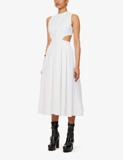 Alexander McQueen Panelled Flared-hem Cotton Midi Dress -Reisi Clothing Shop R04136203 OPTICALWHITE ALT02