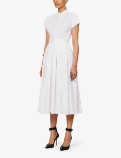 Alexander McQueen Day Flared-hem Cotton Midi Dress -Reisi Clothing Shop R04136206 OPTICALWHITE ALT02