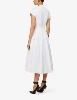 Alexander McQueen Day Flared-hem Cotton Midi Dress -Reisi Clothing Shop R04136206 OPTICALWHITE ALT03