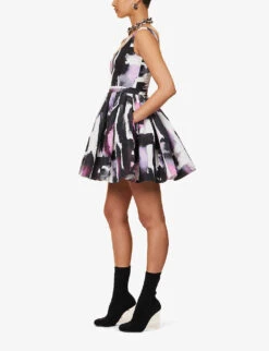 Alexander McQueen Abstract-pattern Flared-hem Woven Mini Dress -Reisi Clothing Shop R04136208 WHITEMULTICOLOUR ALT01