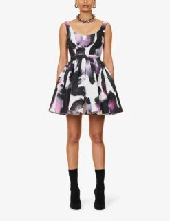 Alexander McQueen Abstract-pattern Flared-hem Woven Mini Dress -Reisi Clothing Shop R04136208 WHITEMULTICOLOUR ALT02