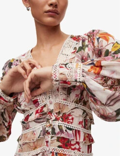 AllSaints Zora Leondra Floral-print Lace-trim Woven Mini Dress -Reisi Clothing Shop R04136395 PEARLMULTI ALT04