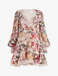 AllSaints Zora Leondra Floral-print Lace-trim Woven Mini Dress