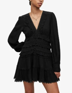 AllSaints Zora Ruffled Woven Mini Dress -Reisi Clothing Shop R04136396 BLACK ALT02
