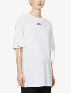 Jean Paul Gaultier Flowers Lace-up Cotton-jersey T-shirt -Reisi Clothing Shop R04137675 WHITE ALT02