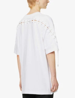 Jean Paul Gaultier Flowers Lace-up Cotton-jersey T-shirt -Reisi Clothing Shop R04137675 WHITE ALT03