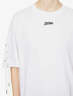 Jean Paul Gaultier Flowers Lace-up Cotton-jersey T-shirt -Reisi Clothing Shop R04137675 WHITE ALT04