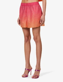 SELF PORTRAIT Crystal-embellished Mid-rise Woven Shorts -Reisi Clothing Shop R04137711 PINK ALT02