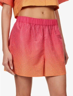 SELF PORTRAIT Crystal-embellished Mid-rise Woven Shorts -Reisi Clothing Shop R04137711 PINK ALT04