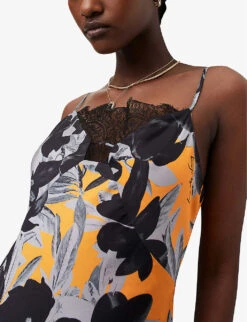 AllSaints Eldia Alessandra Floral-print Recycled-polyester Midi Dress -Reisi Clothing Shop R04140667 CITRUSORANGE ALT02