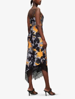 AllSaints Eldia Alessandra Floral-print Recycled-polyester Midi Dress -Reisi Clothing Shop R04140667 CITRUSORANGE ALT03
