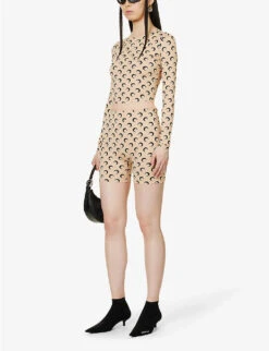 Marine Serre Moon-print Slim-fit Stretch-recycled Polyamide Shorts -Reisi Clothing Shop R04142135 BLACKONTAN ALT01