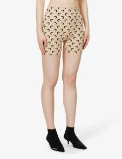 Marine Serre Moon-print Slim-fit Stretch-recycled Polyamide Shorts -Reisi Clothing Shop R04142135 BLACKONTAN ALT02