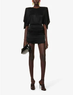 Padded-shoulder Open-back Stretch-woven Mini Dress -Reisi Clothing Shop R04146744 BLACK ALT01