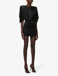 Padded-shoulder Open-back Stretch-woven Mini Dress -Reisi Clothing Shop R04146744 BLACK ALT02