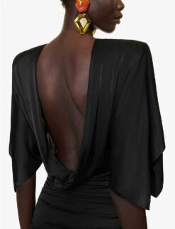 Padded-shoulder Open-back Stretch-woven Mini Dress -Reisi Clothing Shop R04146744 BLACK ALT04