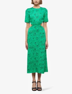 THE KOOPLES Floral-print Cut-out Woven Midi Dress 8 THE KOOPLES Floral-print Cut-out Woven Midi Dress -Reisi Clothing Shop R04147351 GRN01 ALT01