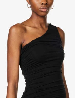 GOOD AMERICAN Ruched One-shoulder Stretch-rayon Maxi Dress -Reisi Clothing Shop R04147933 BLACK001 ALT05