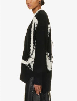 Oversized Logo-pattern Wool Knitted Cardigan -Reisi Clothing Shop R04148953 BLACKWHITE ALT02