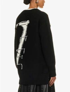 Oversized Logo-pattern Wool Knitted Cardigan -Reisi Clothing Shop R04148953 BLACKWHITE ALT03