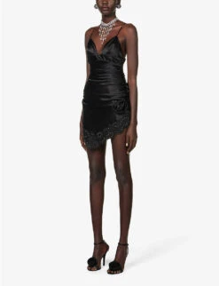 V-neck Lace-trim Silk-blend Mini Dress -Reisi Clothing Shop R04149713 BLACK ALT02