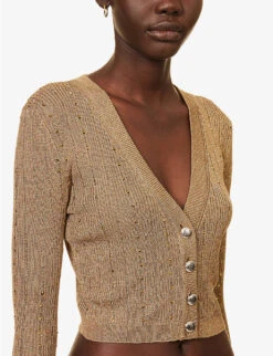 Metallic Crystal-embellished Woven-blend Cardigan -Reisi Clothing Shop R04149718 GOLD ALT04