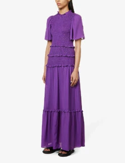 ME AND EM Shirred-bodice Ruffle-trim Silk Maxi Dress -Reisi Clothing Shop R04151485 INTENSEVIOLET ALT02