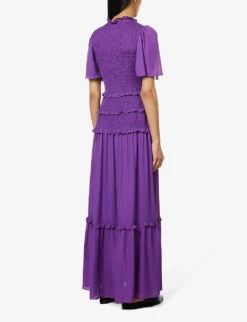 ME AND EM Shirred-bodice Ruffle-trim Silk Maxi Dress -Reisi Clothing Shop R04151485 INTENSEVIOLET ALT03