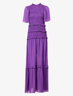 ME AND EM Shirred-bodice Ruffle-trim Silk Maxi Dress
