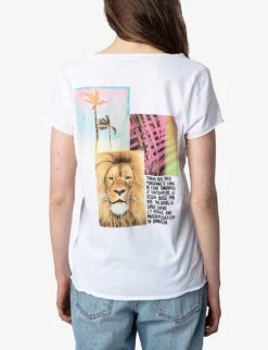 Zadig & Voltaire Henley Lion Palm Photo-print Organic-cotton T-shirt -Reisi Clothing Shop R04151992 BLANC ALT03