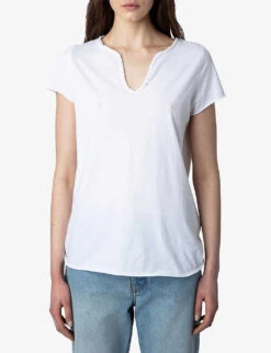 Zadig & Voltaire Henley Lion Palm Photo-print Organic-cotton T-shirt -Reisi Clothing Shop R04151992 BLANC ALT04