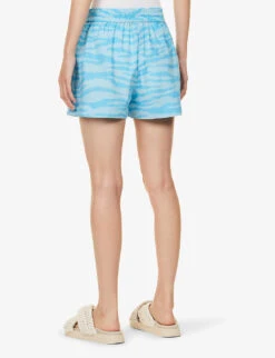 Ganni Tiger-print Drawstring-waist Organic-cotton Shorts -Reisi Clothing Shop R04152882 ETHEREALBLUE ALT03