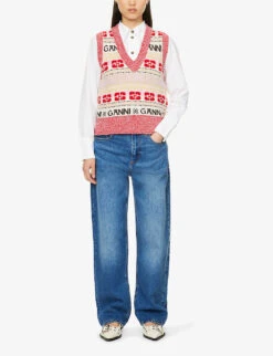 Ganni Logo Intarsia-knit V-neck Recycled Wool-blend Knitted Vest -Reisi Clothing Shop R04152912 MULTICOLOUR ALT01