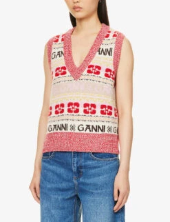 Ganni Logo Intarsia-knit V-neck Recycled Wool-blend Knitted Vest -Reisi Clothing Shop R04152912 MULTICOLOUR ALT02