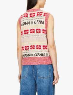 Ganni Logo Intarsia-knit V-neck Recycled Wool-blend Knitted Vest -Reisi Clothing Shop R04152912 MULTICOLOUR ALT03